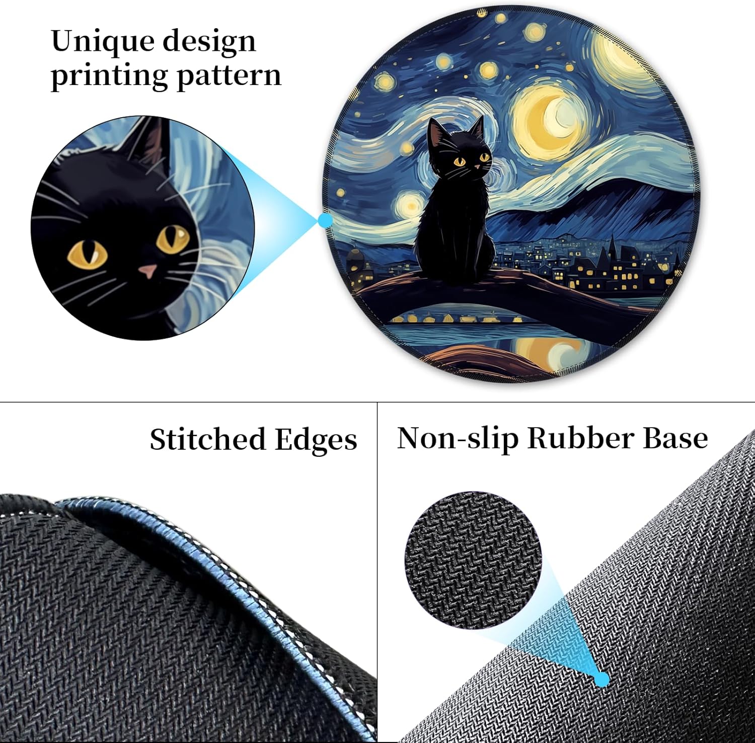 Black Cat Mouse Pad for Desk, Starry Night Small Cute Mousepad with Non-Slip Rubber Base, Round Mouse Pads for Wireless Mouse Laptop, Computer Mouse Mat for Home Office Desk Accessories - Image 5