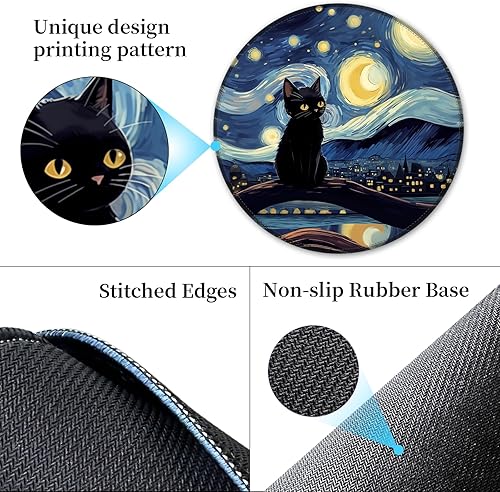 Miniatura 5 de Alfombrilla de ratón negra con gato para escritorio, alfombrilla pequeña y linda con noche estrellada, base de goma antideslizante, alfombrillas