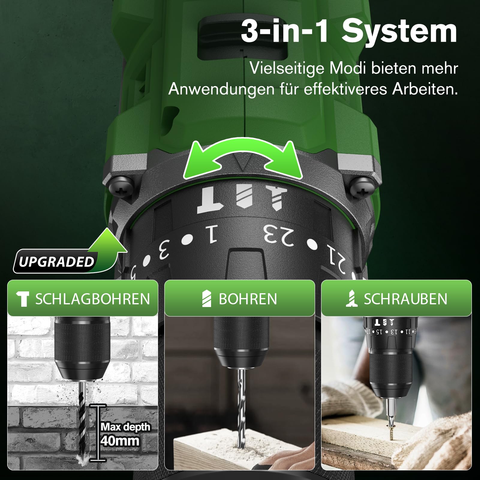 Ginour 21V Bürstenlos Akku Schlagbohrschrauber Set, 50 Nm, 2x2Ah Akku, kompatibel mit Makita 18V Akku & Ladegerät, 2-Gang, 23+3 Stufen, 47-tlg. Zubehör & Koffer, LED, 10mm Bohrmaschine & Akkuschrauber