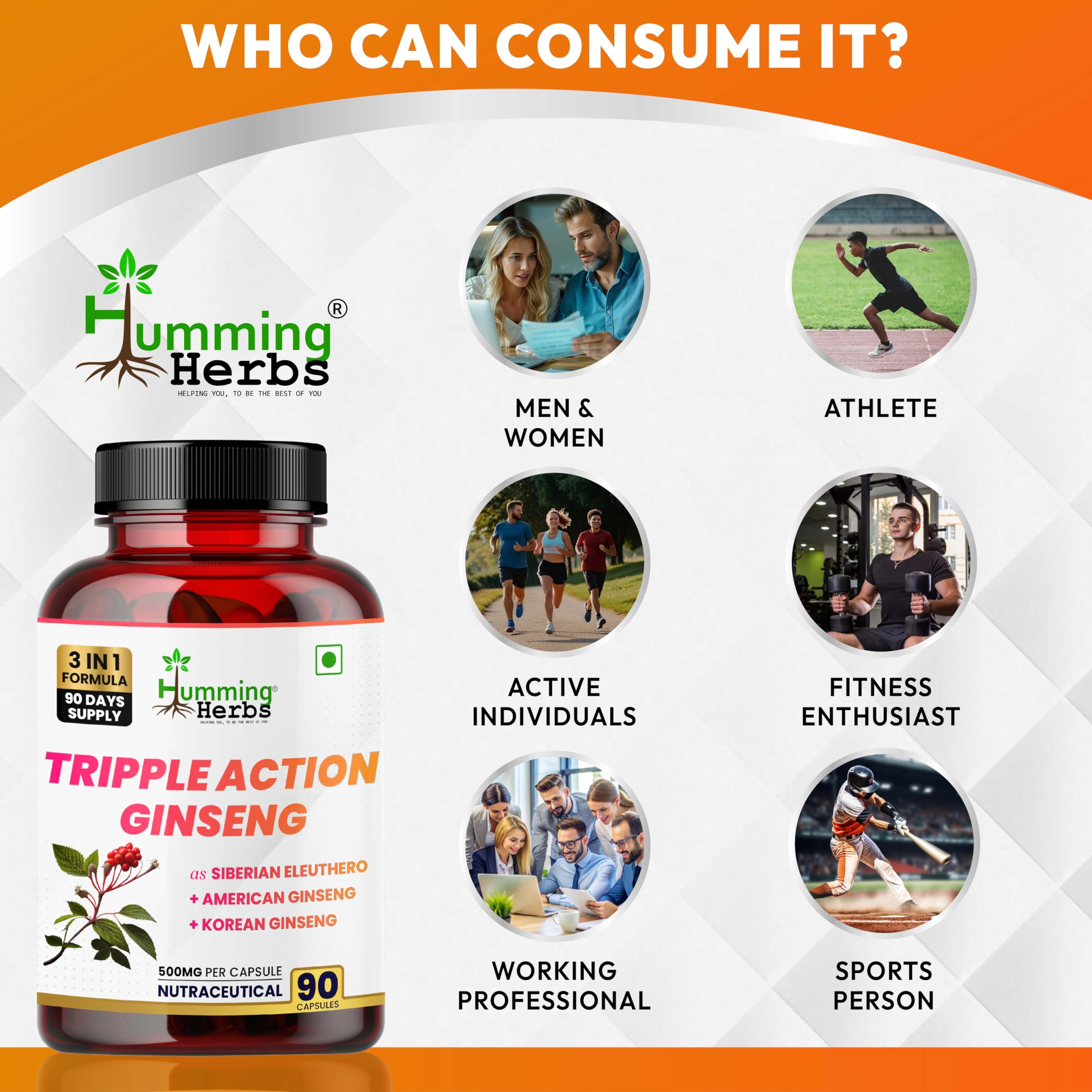 Humming Herbs Triple Action Ginseng with Red Korean, Siberian and American Ginseng Root Extract | Boost Energy and Immune Support - 90 Capsules 2