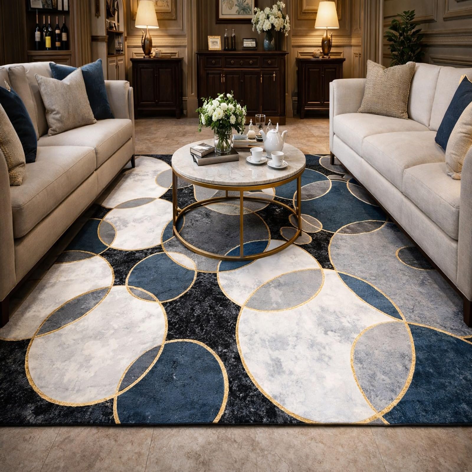 Tapis de chambre et salle à manger moderne bleu géométrique 120x180 cm