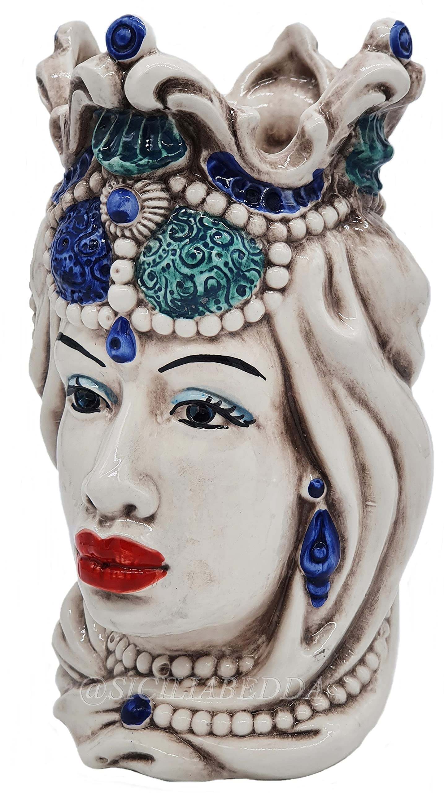 sicilia bedda - Teste di Moro Siciliane in Ceramica di Caltagirone - Realizzato Interamente a Mano - Altezza 18 Centimetri (Testa di Moro Donna Blu)
