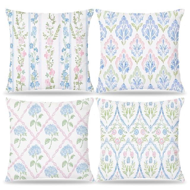 XUISWELL832 Pink and Blue Green Grandmillennial Floral Hydrangea Cottage Core Pillow Covers 18x18 Grand Millenial Pillow Cover for