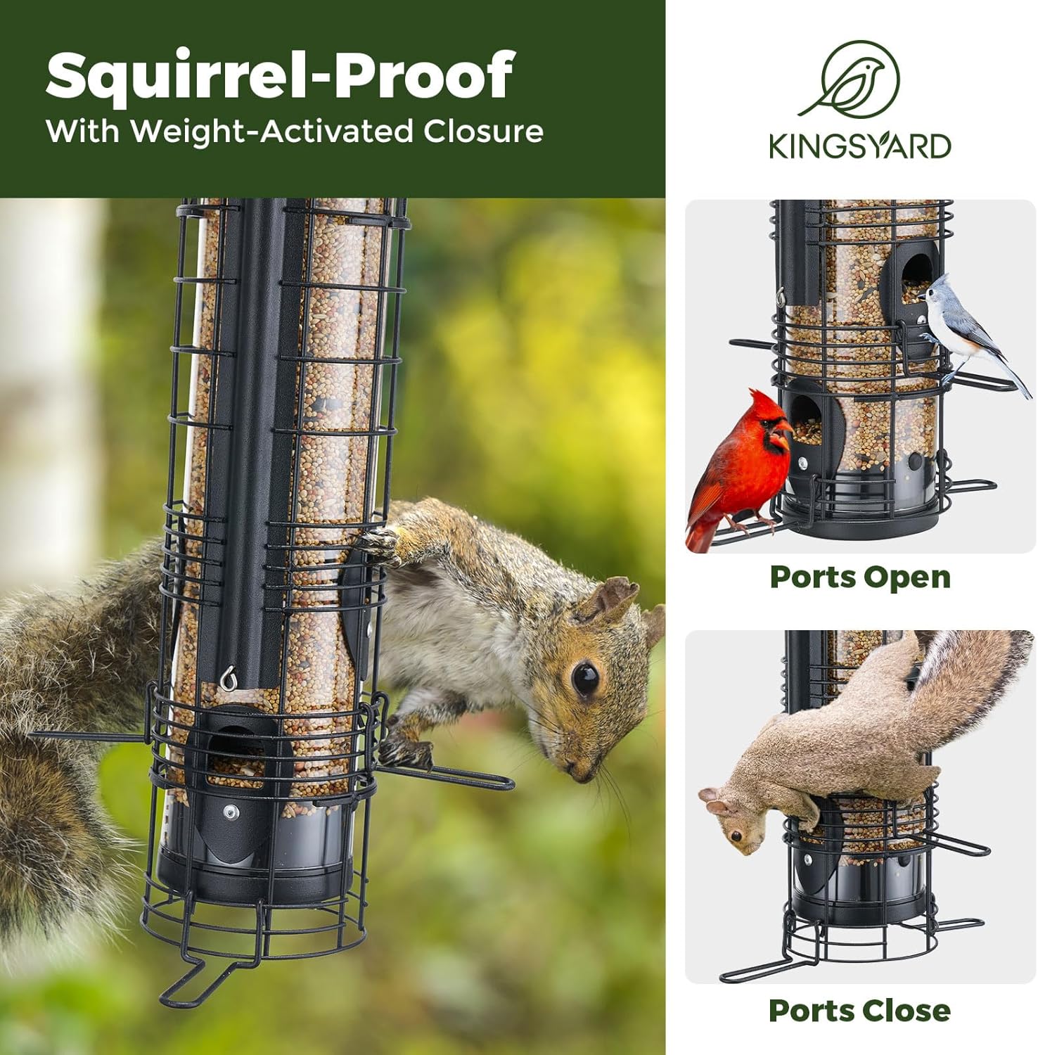 Kingsyard Squirrel Proof Bird Feeders for Outdoors with Weight-Activated Perches, 3 Lbs Capacity Large Metal Bird Feeder for Small Wildbirds Finch Cardinal Bluebird, Weatherproof, Black