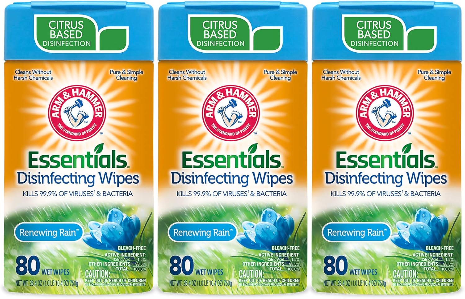 Arm & Hammer Essentials Disinfecting Wipes, Renewing Rain