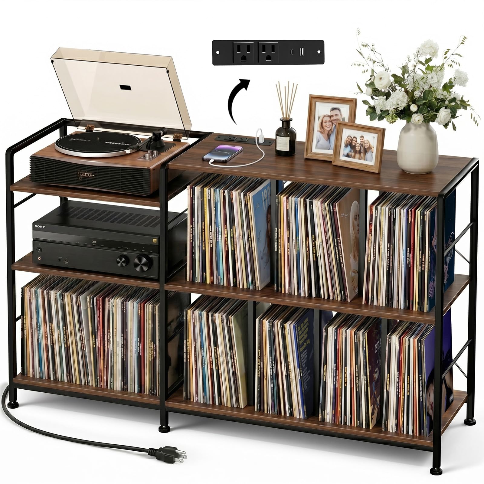 Faesun 50 Inch Large Record Player Stand with vinyl Storage,Walnut