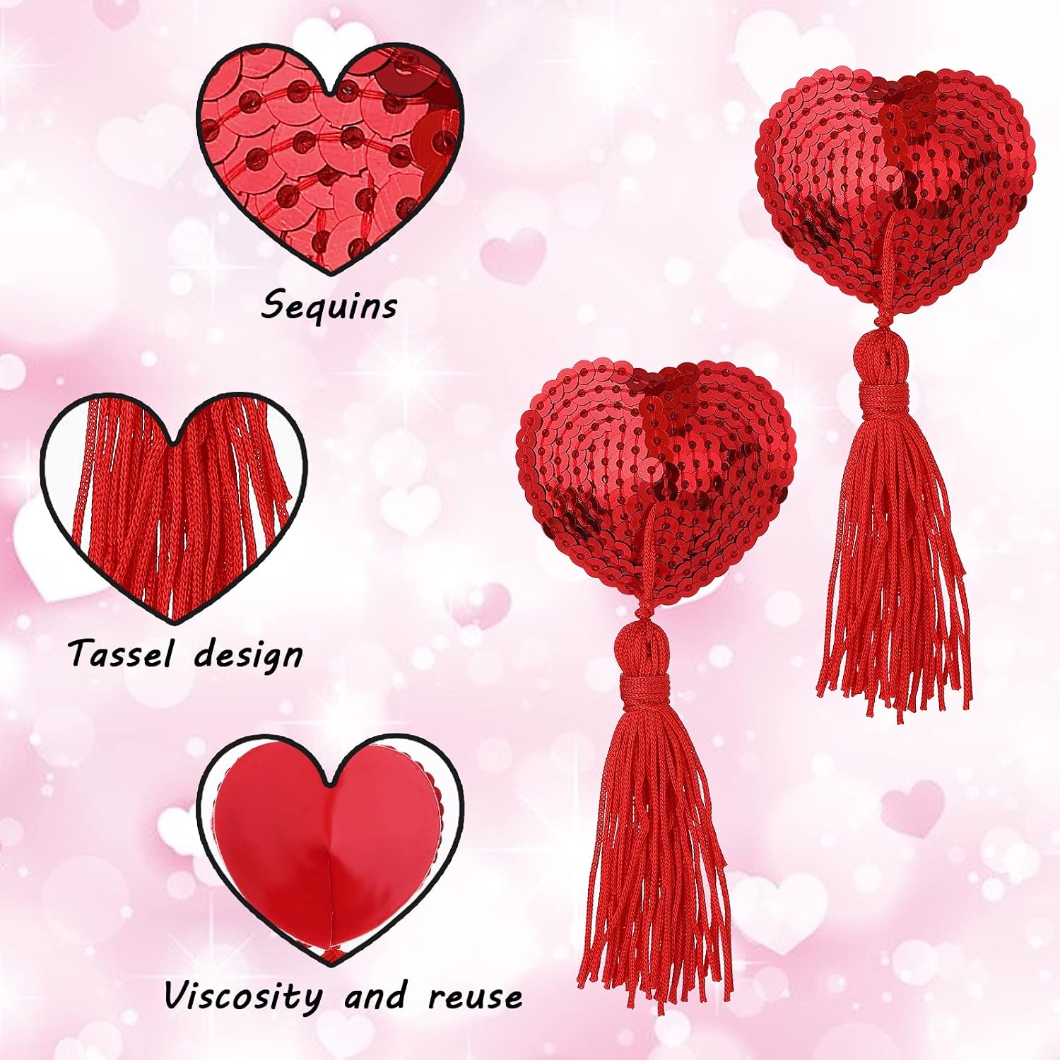WLLHYF 1 Pair Women Reusable Breast Pasties, Heart-Shaped Breast Bra with Sequins Tassel Adhesive Nipple Cover Stickers