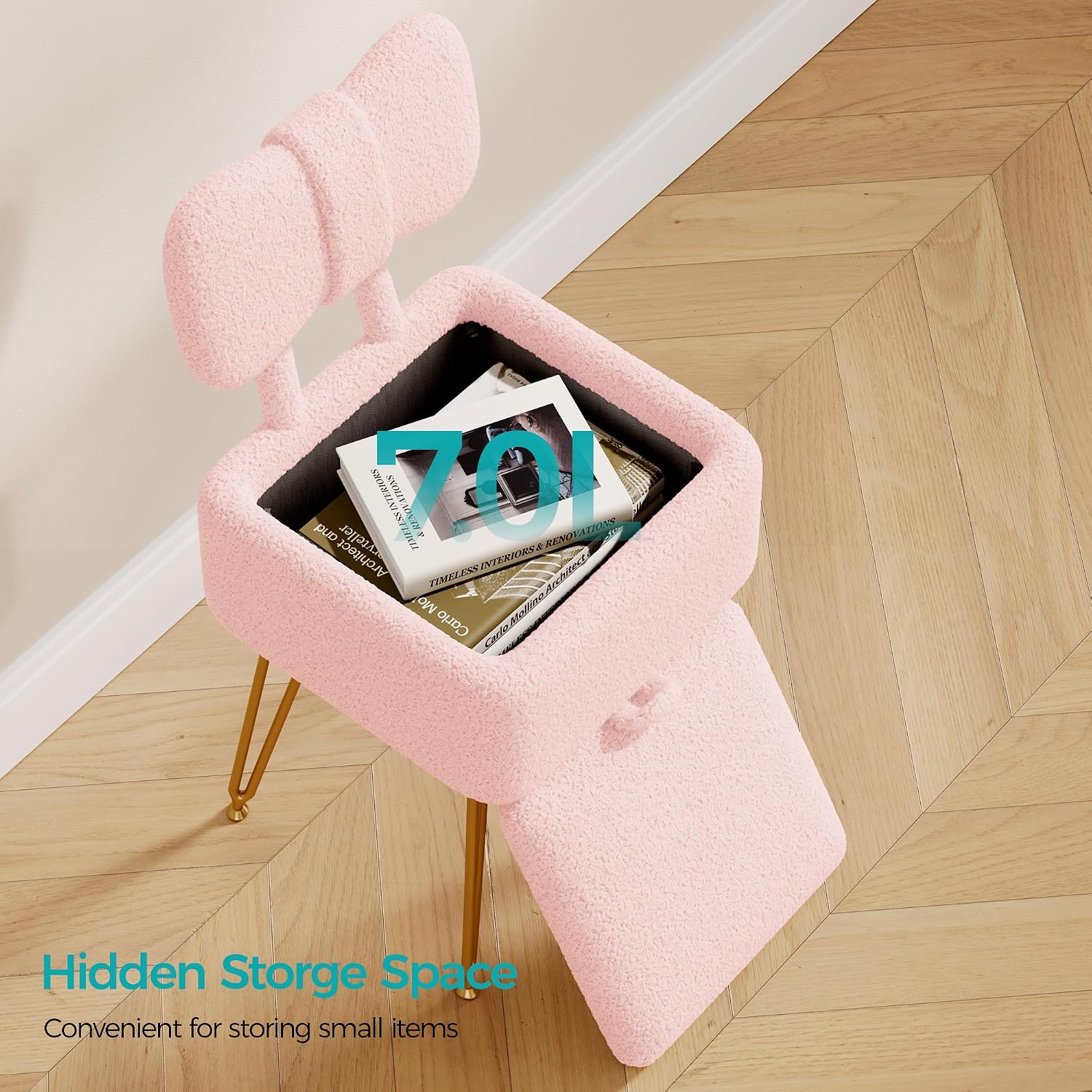 Small Vanity Stool Chair with Storage and Foldable Back, Pink | Soft Storage Ottoman, Footrest Stool, Teddy Fleece Vanity Stool for Makeup, Bedroom, Living Room