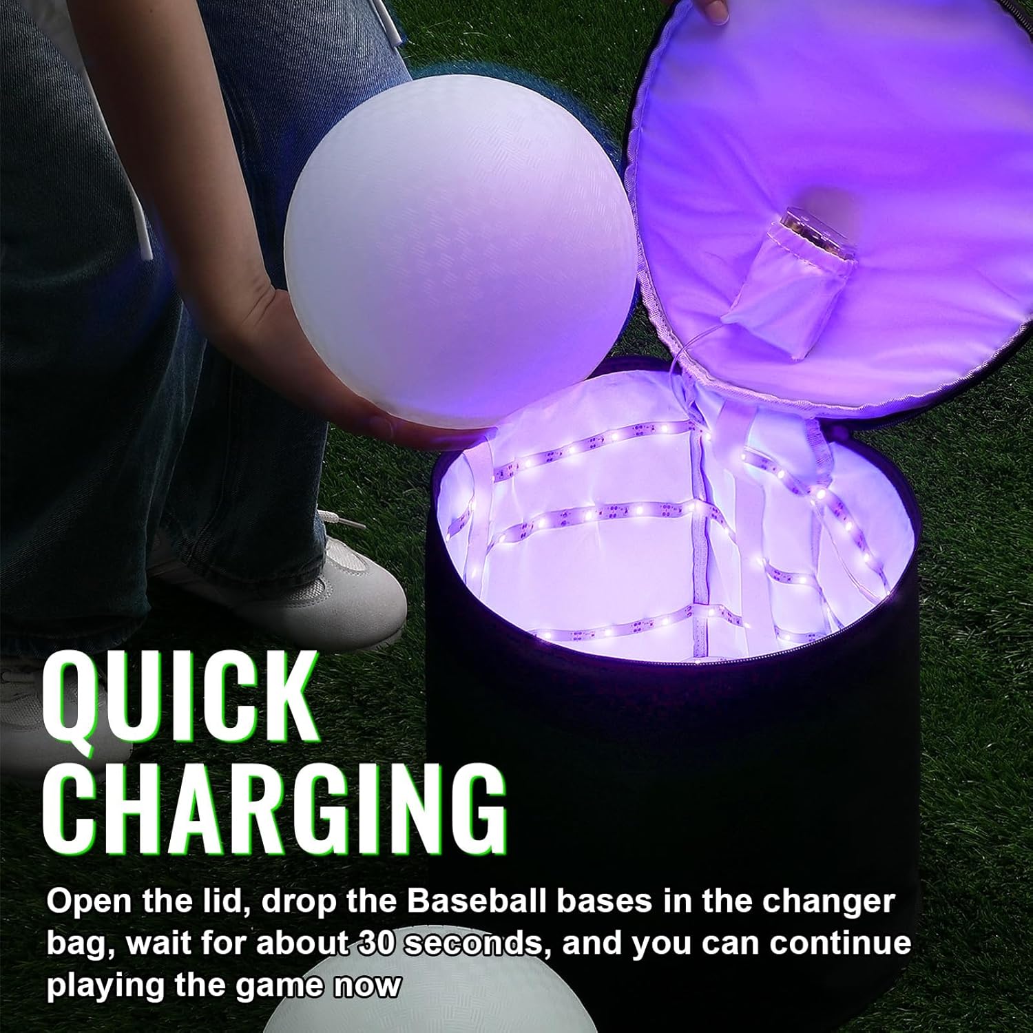 Hiboom 6 Pcs Glow in The Dark Baseball Base Set, 12 inch Quick Glow Charger Bag, Home Plate, Pitcher's Rubber for Kickball Softball Dodgeball in The Dark Game, for Playground Camping Yard Beach