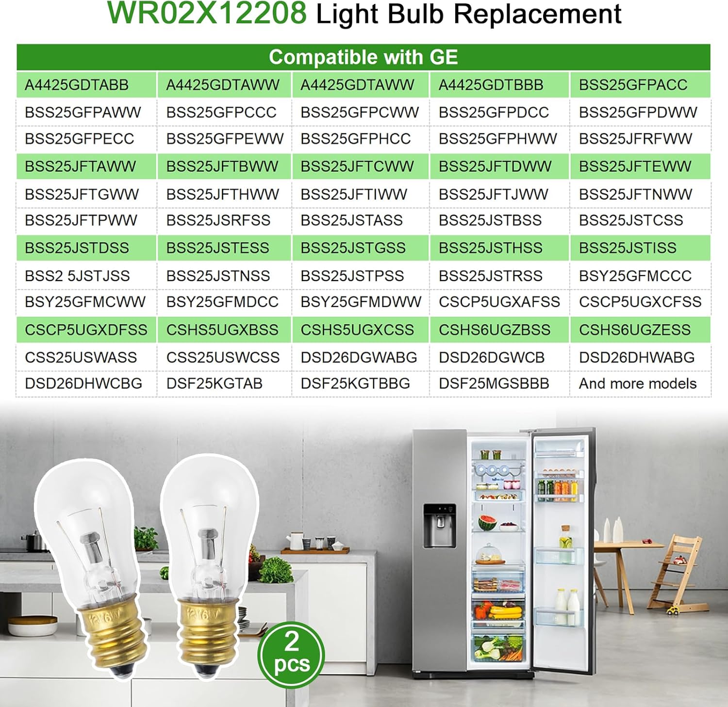 2PK-WR02X12208 Refrigerator Light Replacement Compatible with GE Appliance 12V, 6W, 1-7/8" Length Clear Light Bulb Refrigerator Ice & Water Dispenser Light Bulb Replacement