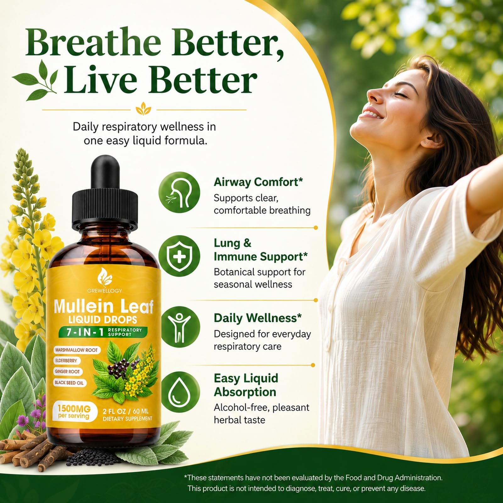Mullein Drops for Lungs, 7-in-1 1500mg Mullein Leaf Liquid Extract for Lungs Cleanse and Respiratory Support, Lung Detox for Smokers Free Breathing, 2 Fl Oz — Amazon image 4