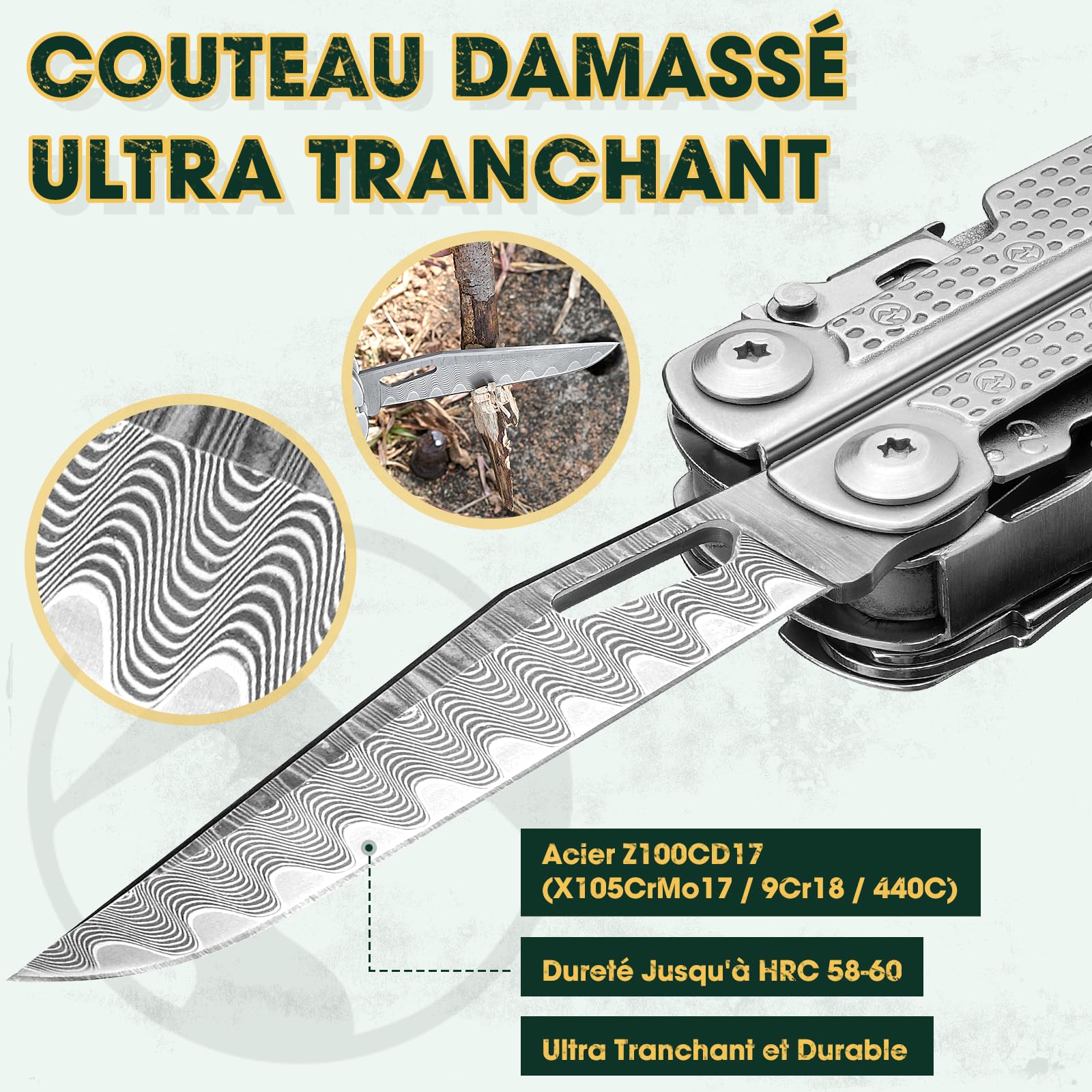 Multper Pince Multifonctions, Idee Cadeau Homme, Multitool, Outil Multifonction avec Couteau Damas, Tournevis, Ciseaux, Cadeaux Anniversaire Homme, Cadeau Fete des Peres