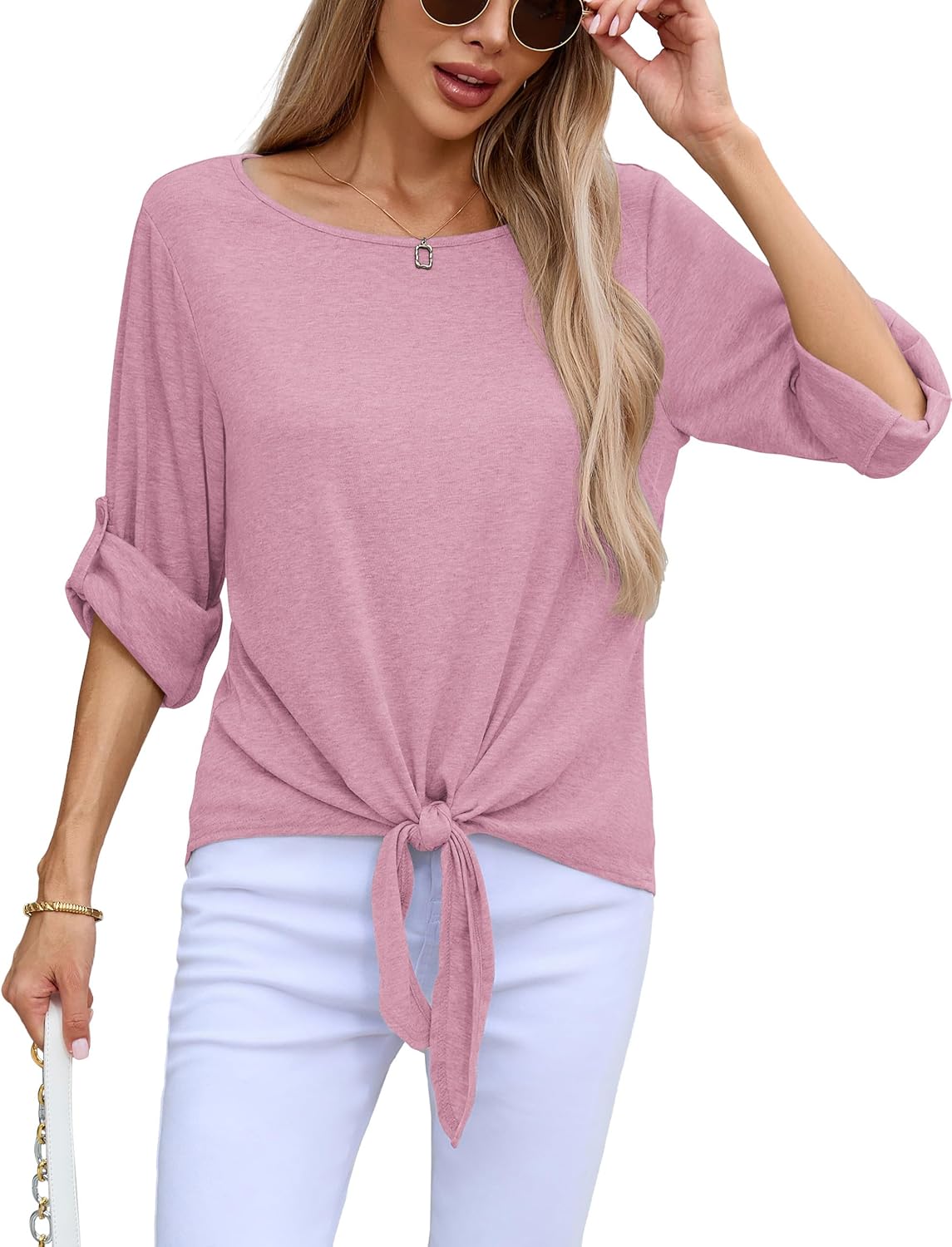 SUEANI Womens Roll Up Long Sleeve Tops Boat Neck Casual Tie Front Fall Tops Stretchy Basic Tee Pullover Shirts