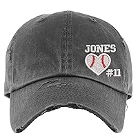 Vista 1 de Baseball Heart Hat w/Custom Name and/or Number Distressed Baseball Cap or Ponytail Hat Personalized Embroidered Baseball and Softball Mom Hat