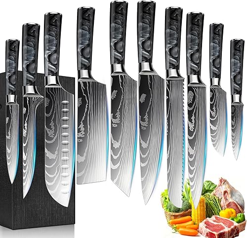 Miniatura 21 de Juego de 8 piezas de cuchillos de cocina japoneses premium - Colección Imperial, patrón láser en damasceno, acero inoxidable 440A ultra afilado