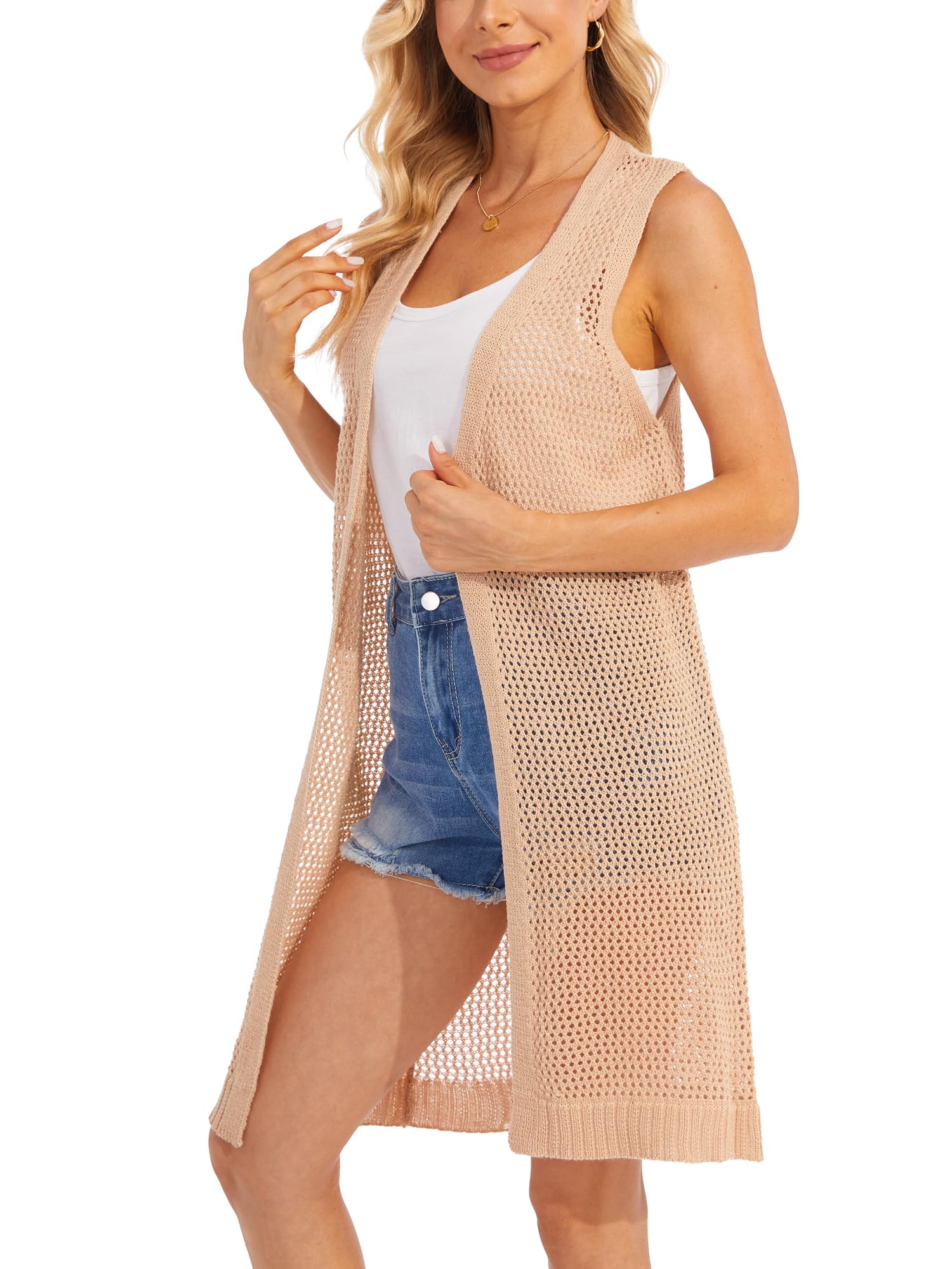 Moss Rose Womens Sleeveless Cardigans Vests Long Open Front Hollow Crochet Cardigan Sweater Duster Vest