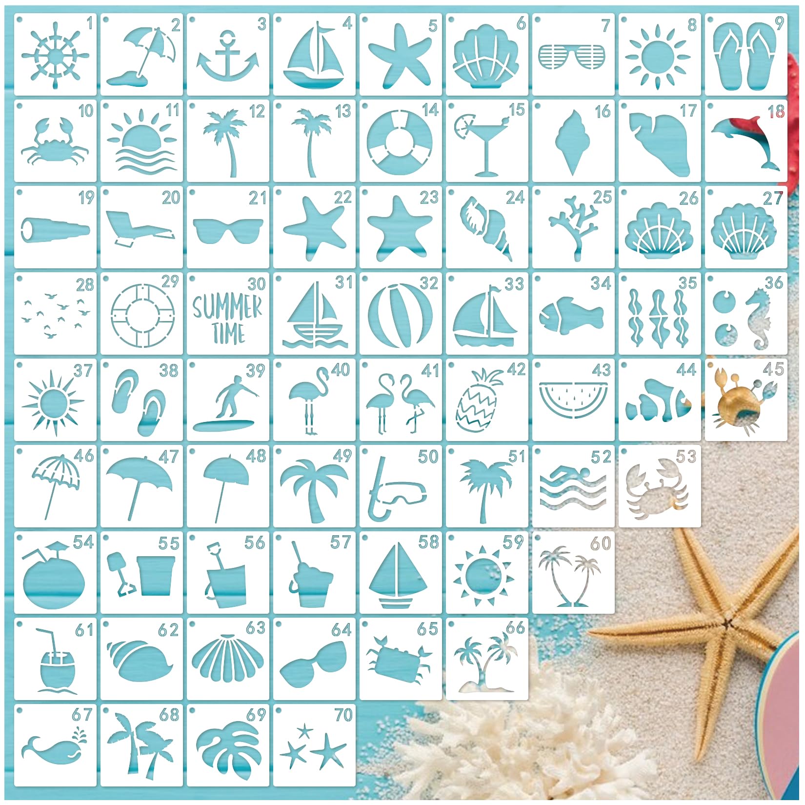 70pcs Ocean Stencils for Painting on Wood & Canvas - Summer Beach, Nature & Palm Tree Patterns (70 Beach)