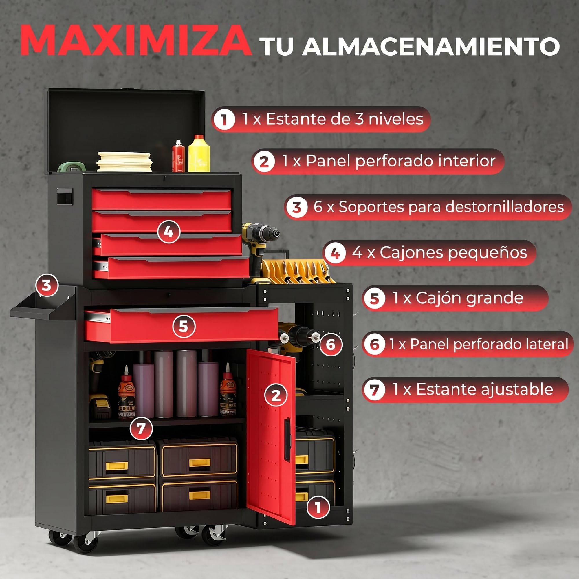HOMCOM Carro de Herramientas con 5 Cajones 3 en 1 Cerradura Negro y Rojo | Caja de Taller Metálica, Soporte Lateral, Armario Inferior, Paneles Perforados, Asa, 2 Ruedas con Freno de Bloqueo