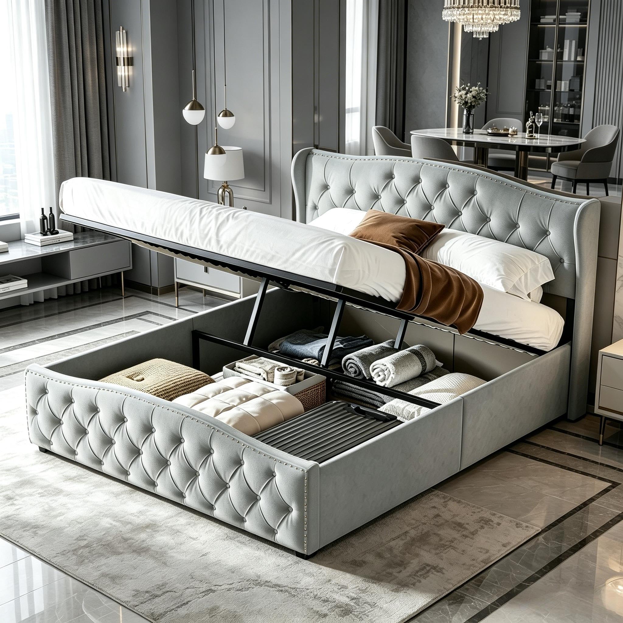 Cama matrimonial de 140 x 200 cm con patas de listones, cama con cajón de 140 x 200 cm con contenedor hidráulico, cama tapizada de 140 x 200 con cabecero para adultos y adolescentes (gris-1, 140 x 200