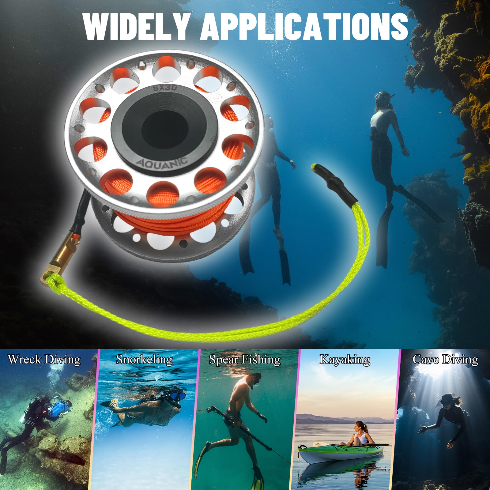nitescuba Scuba Diving Reel 99FT Finger Reel with Dive Double-Ended Bolt Snap Clip Aluminum Scuba Dive Finger Spool Reel for Snorkeling Diving Fishing (SILVER) - Image 3