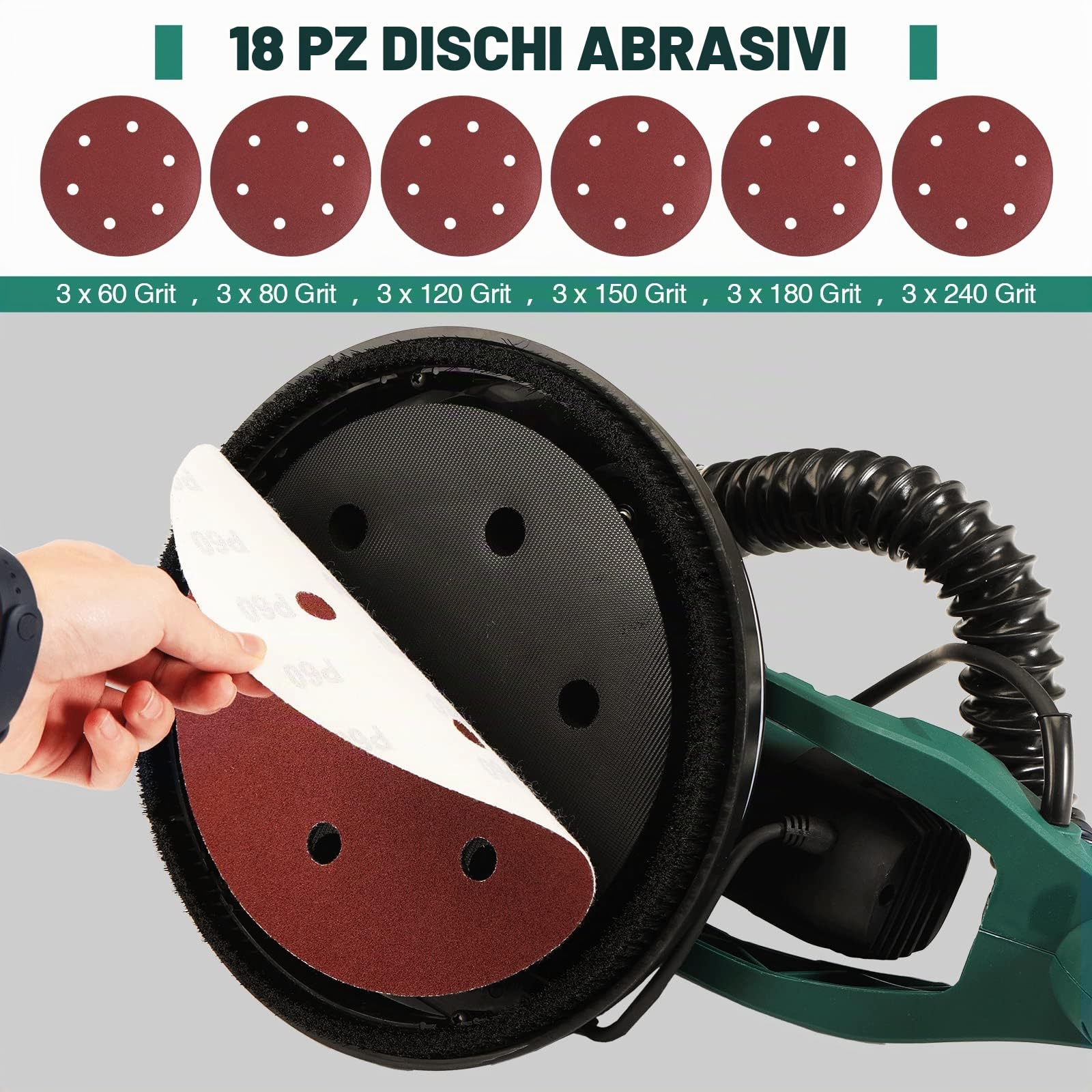 POSENPRO Levigatrice per muro telescopica, 810 W, diam. Platorello 215mm, impugnatura telescopica, attacco per aspiratore, incl. 18 carte abrasive