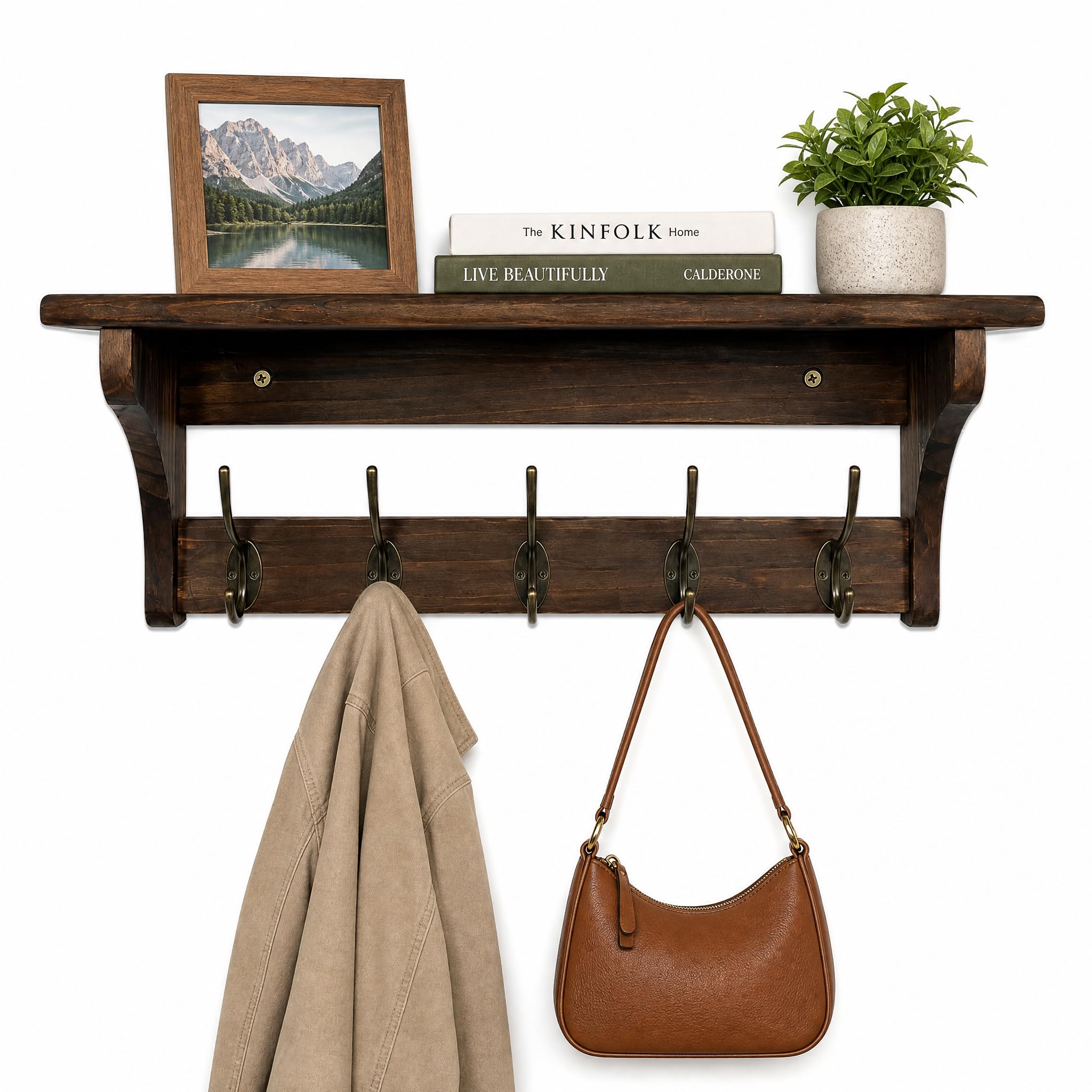 Wall Mounted Coat Rack with Shelf, Solid Wood & Metal Hooks – 23.2 Inch Entryway Organizer with 5 Hooks for Hanging Coats, Hats, Bags, Keys, Rustic Brown for Hallway, Bedroom, Bathroom（23.2 Inch）