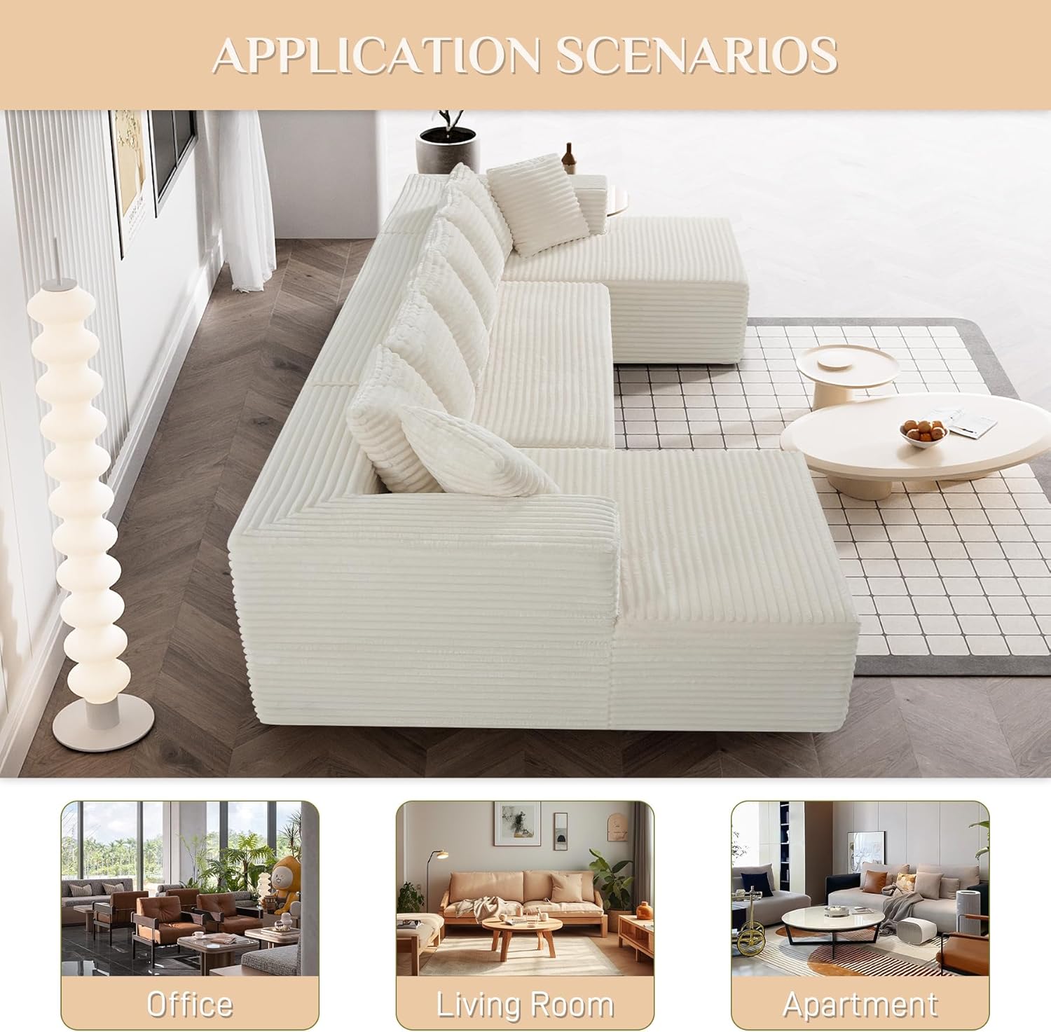 Three images showing the sofa in different application scenarios: an office, a living room, and an apartment