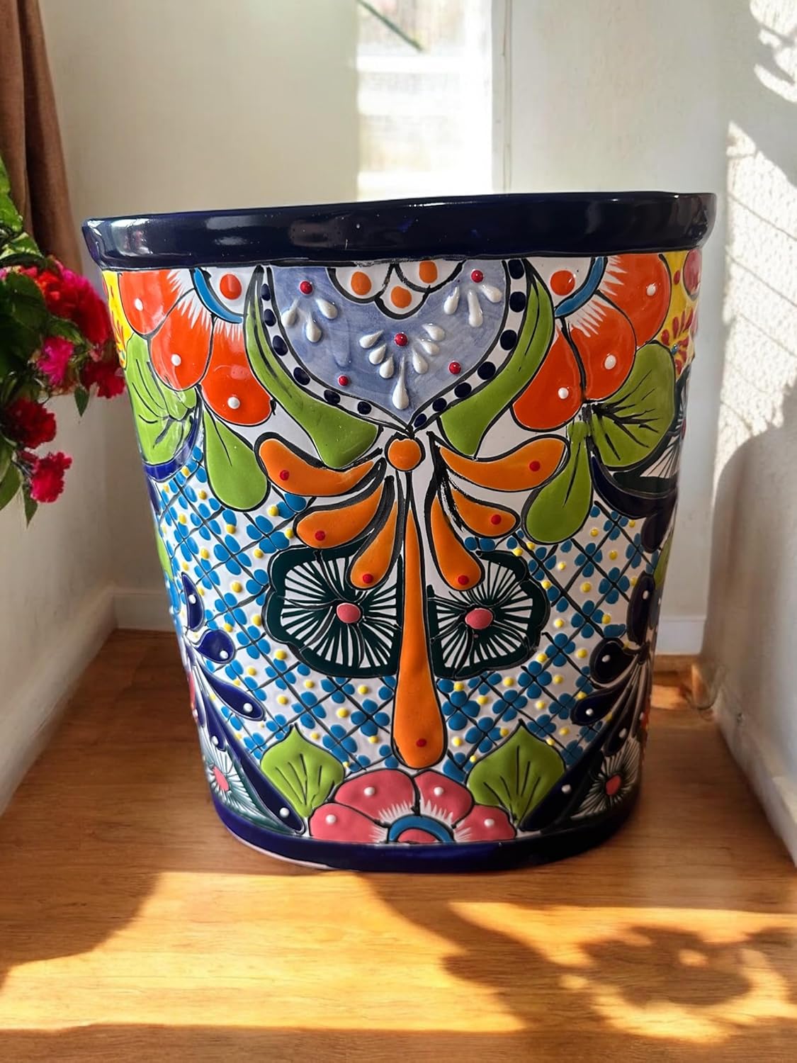 Decorative Talavera Trash Bin | Hand-Painted Mexican Pottery for Bathroom & Small Spaces