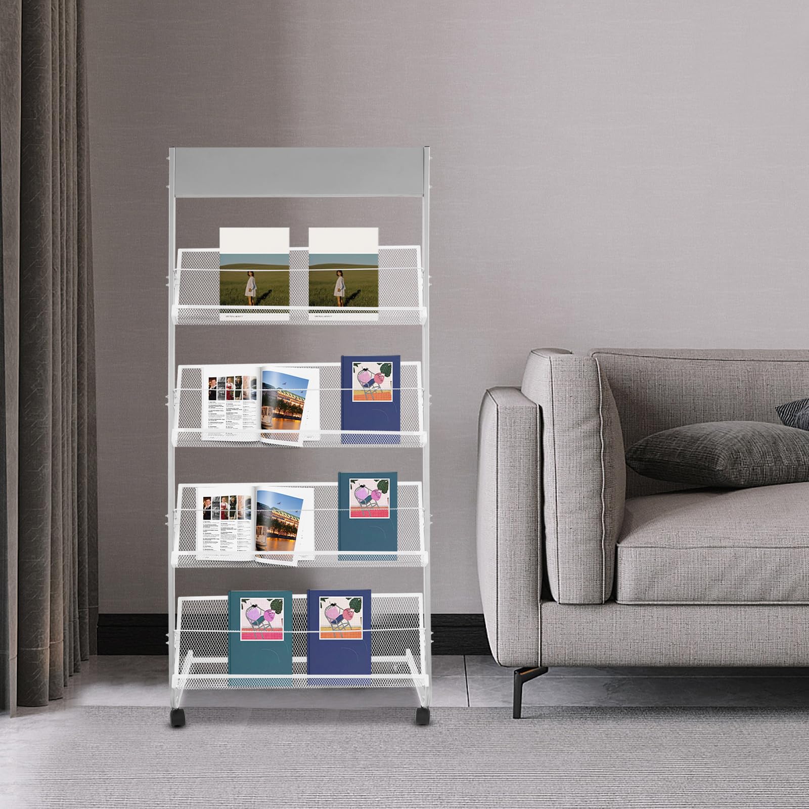 Revistero de 4 niveles con ruedas, soporte para revistas y folletos, 63x36x148 cm
