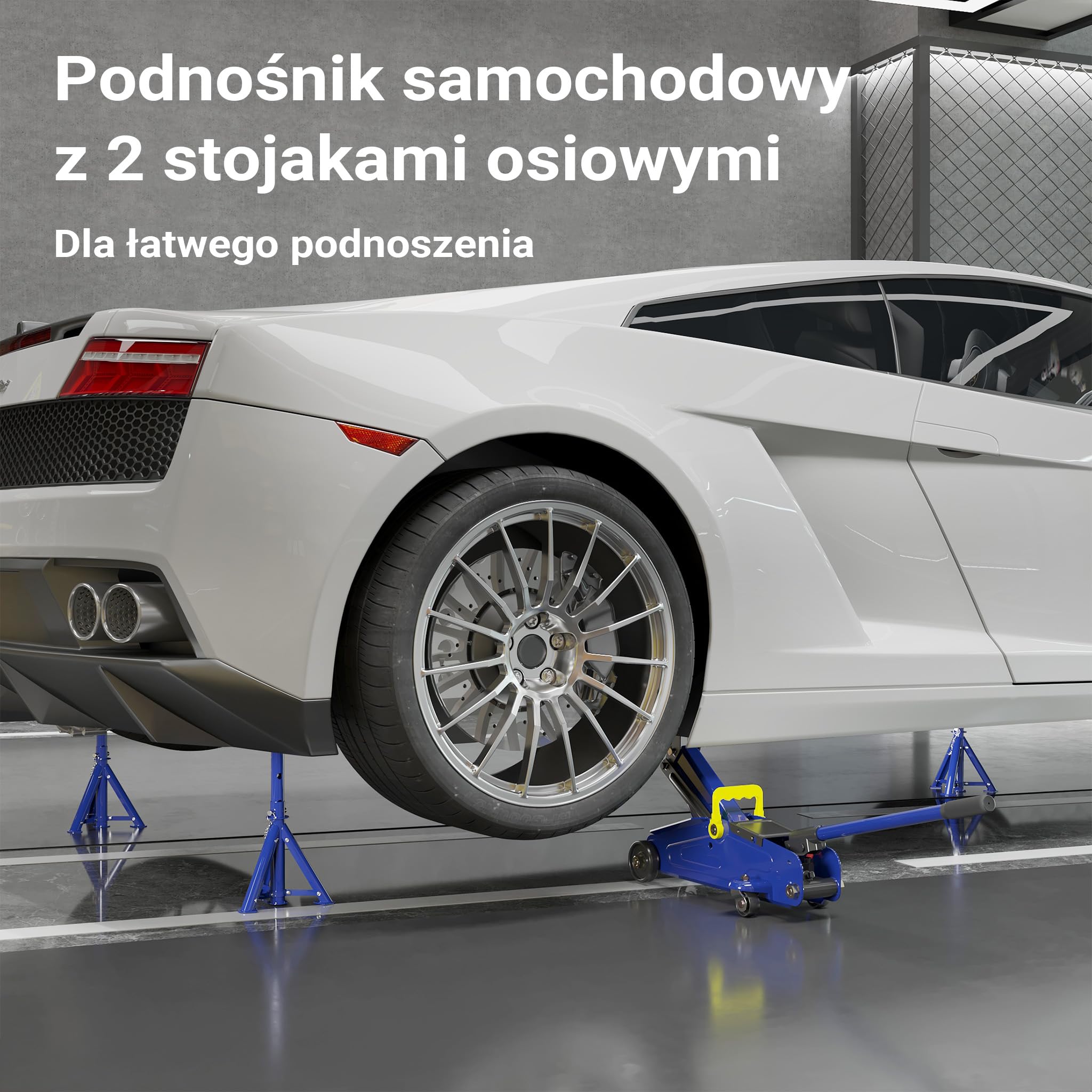 Wiltec zestaw podnośnik + 2 podpory, udźwig do 2 t, wysokość podnoszenia podnośnika 135-335 mm, wysokość robocza podpór 270-365 mm, podpory składane
