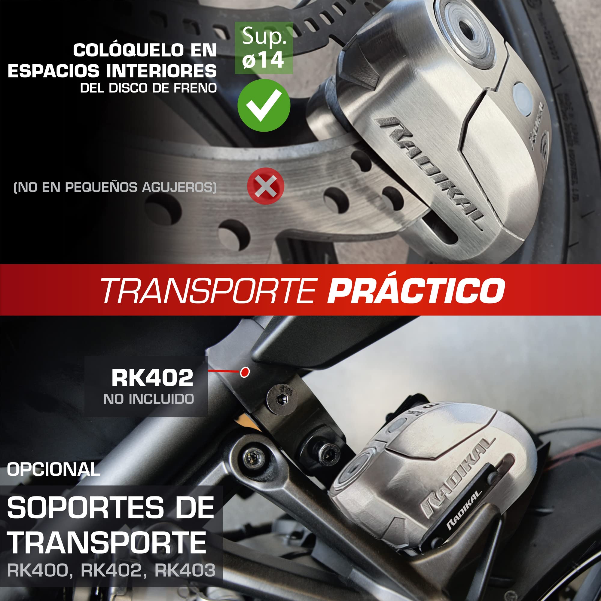 RADIKAL RK14S Candado Moto Disco Premium con Alarma | Activación Opcional, 120dB, Alerta LED, Warning Pre-alarma | Antirrobo Homologado SRA Alta Seguridad Pinza Cepo Acero Inoxidable Doble Cierre 14mm