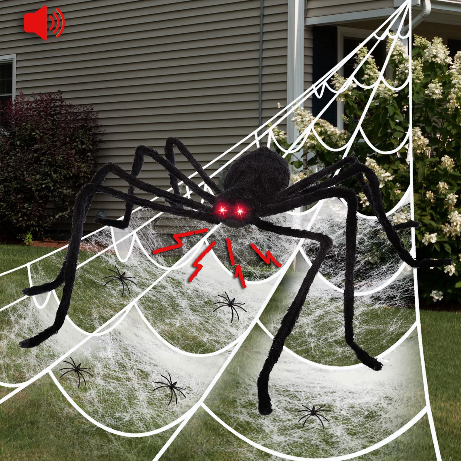 HAUSPROFIHalloween Decorations Spider, 49” Giant Spider with Red LED Eyes, Shakes & Squeaks, 16.4FT Large Spider Web, Super Stretch Cobwebs & 20PCS Small Fake Spiders for Outdoor Yard Haunted House