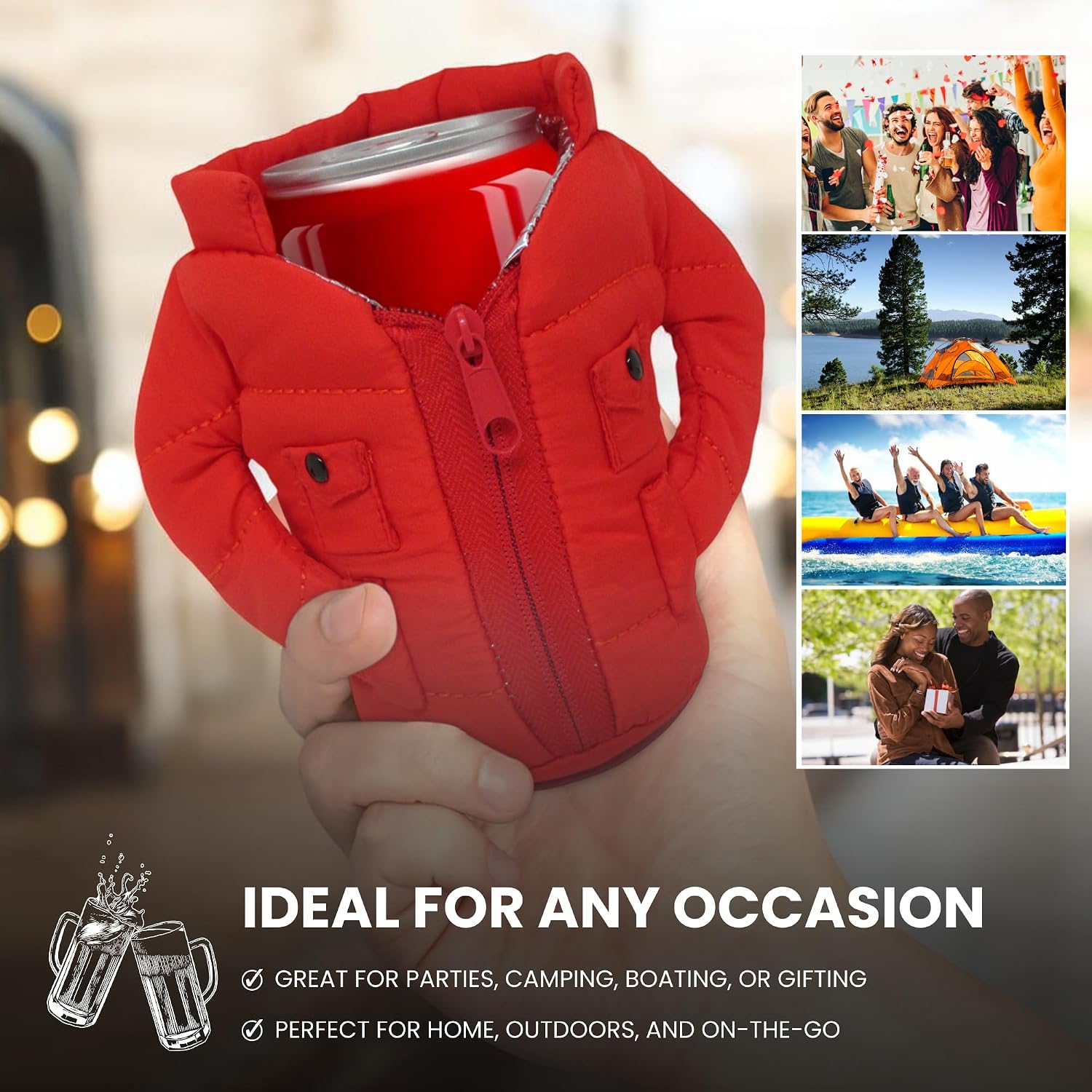 Gadgetime USA Can Cooler Vest - Insulated Beverage Cooler - Can Cover - Reusable Zip Up Can Jacket - Cute Sleeve for Canned Beverages & Beer - Funny Gift for Friends & Family - Red image 3