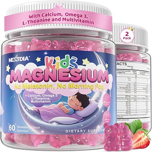 Gomitas de magnesio para niños, sin melatonina, con glicinato de magnesio y malato, calcio, omega 3, L-teanina, multivitamínico para un sueño