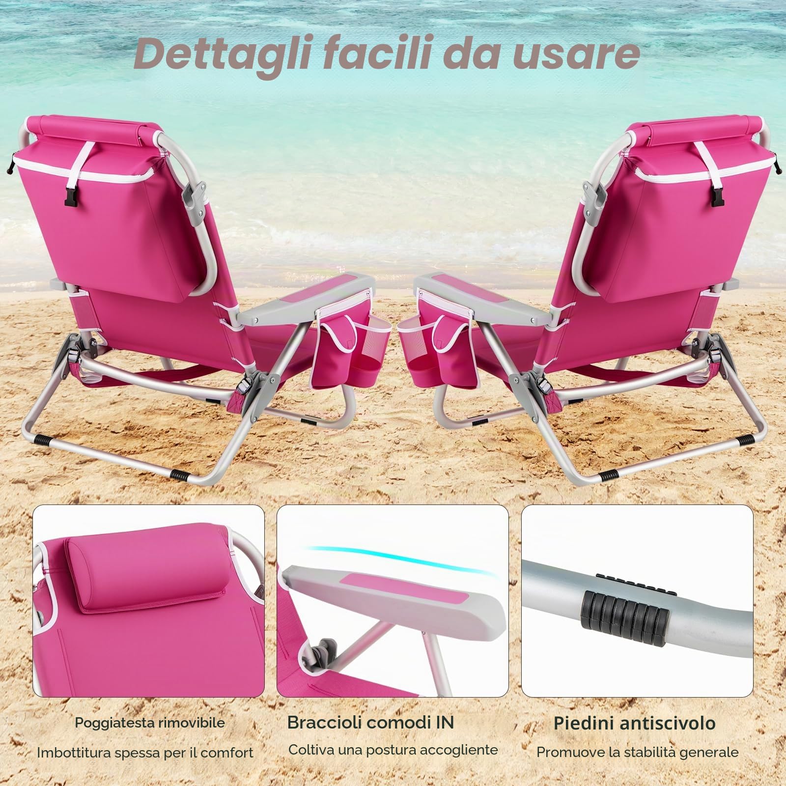 KOMFOTTEU Sedia da Spiaggia Pieghevole, Spiaggina con Schienale Regolabile in 5 Posizioni, Sdraio Mare con Poggiatesta, Lettino Prendisole con Tasca Laterale, Carico 150 kg，Rosa：1