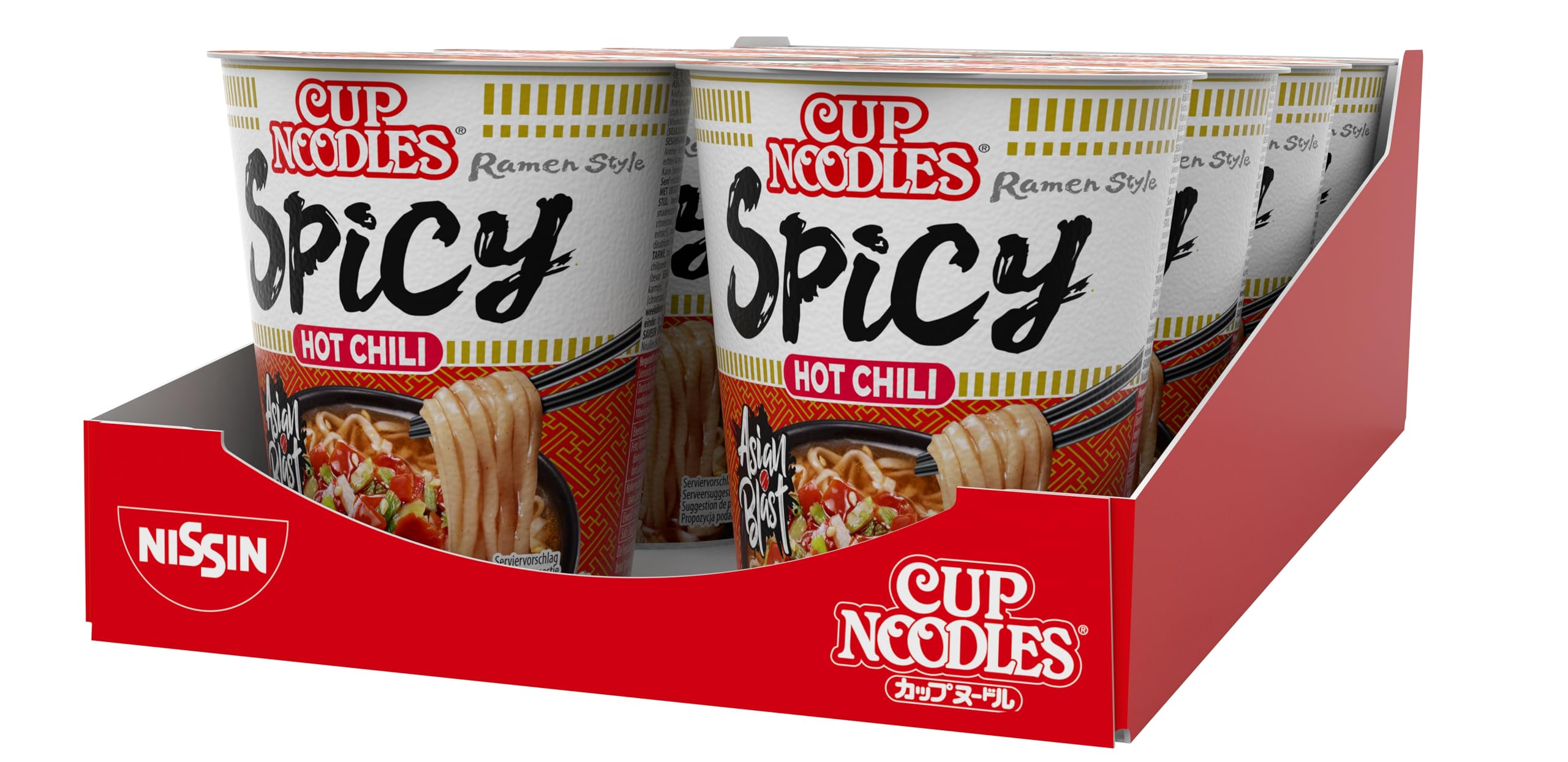 Nissin Cup Noodles – Spicy, 8er Pack, Soup Style Instant-Nudeln japanischer Art, mit Chilis, geröstetem Sesam & Gemüse, schnell im Becher zubereitet, asiatisches Essen (8 x 66 g)