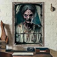 Vista 1 de Pancarta de ventana de Halloween de 31 x 47 pulgadas, cubierta de ventana embrujada, fantasma podrido mirando a través de ventanas viejas y sucias