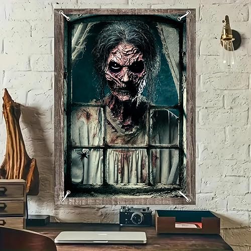 Pancarta de ventana de Halloween de 31 x 47 pulgadas, cubierta de ventana embrujada, fantasma podrido mirando a través de ventanas viejas y sucias,