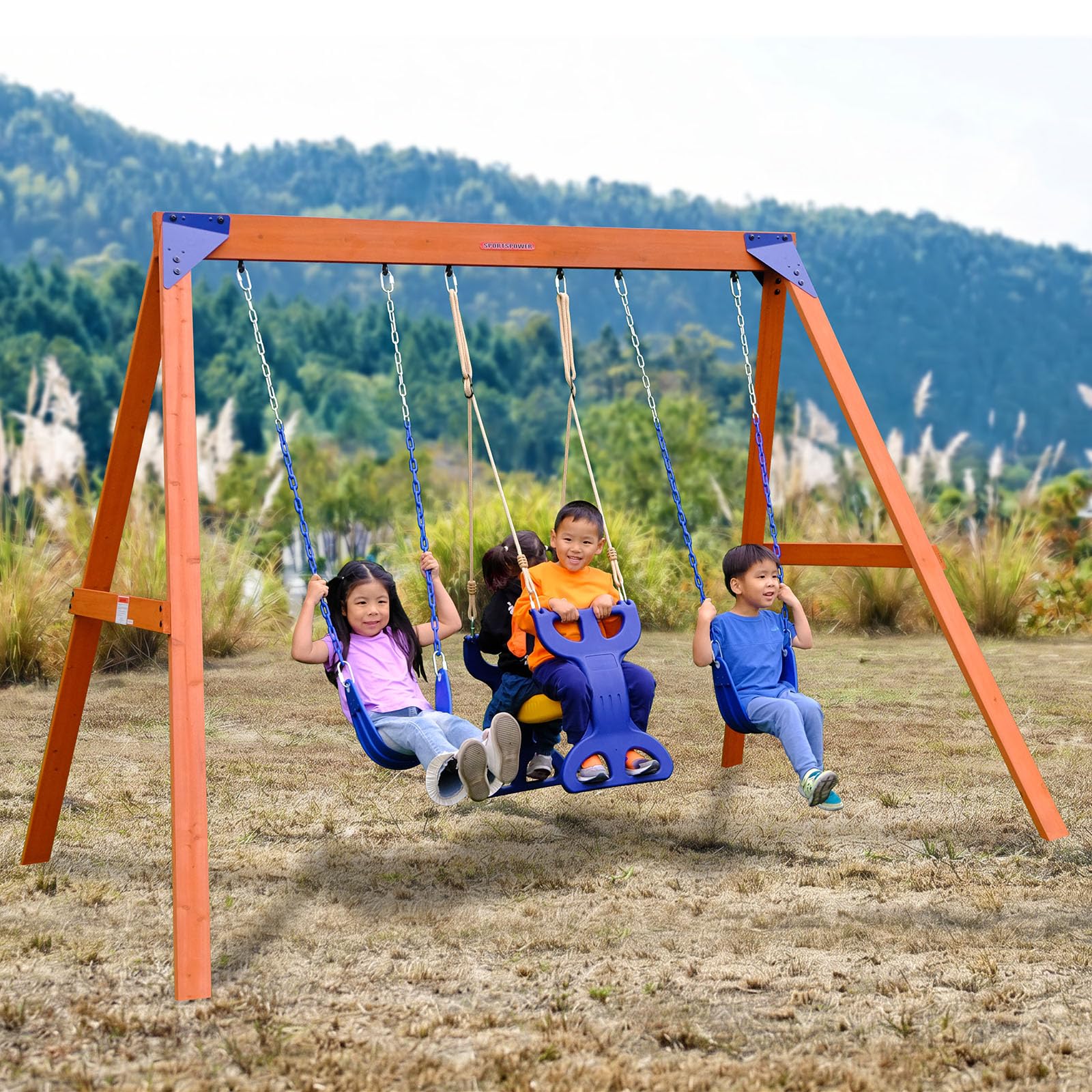 Photo 1 of ***BOX 1 OF 2 - MISSING BOX#2 -SELLING AS INCOMPLETE PARTS ONLY*** Sportspower Madison Cedar Wooden Swing Set: 2 Height Adjustable Swings and 2 Person Roman Glider Swing, Backyard Outdoor Playset for Kids