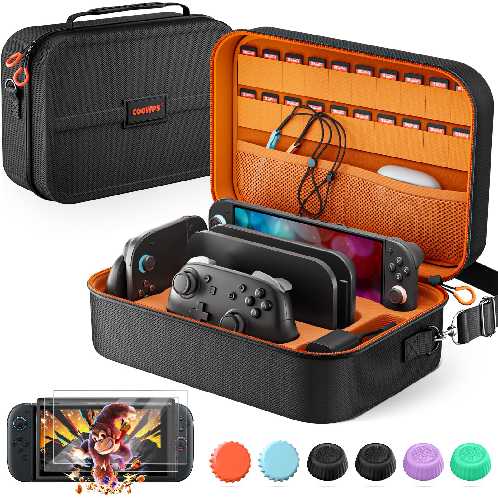 COOWPS for Nintendo Switch 2 Case, 2-Pack Screen Protectors, 6 Thumb Grips | 20 Game Slots, Hard Shell Full Protection, Portable Travel-Friendly, Water-Resistant, for Dock & Pro Controller Accessories