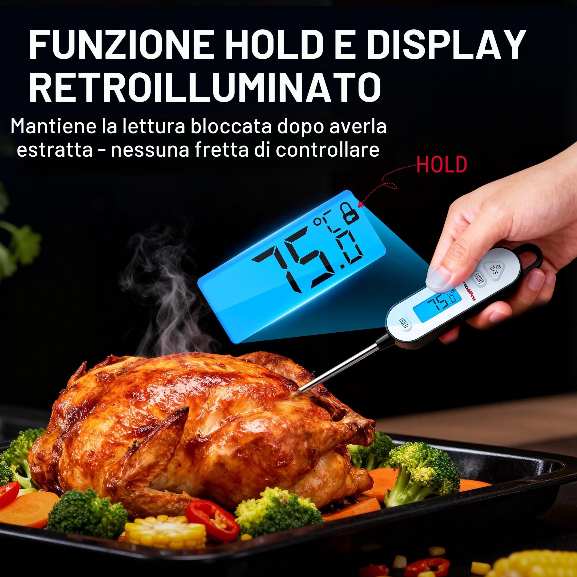 ThermoPro TP515 Termometro cucina carne alimentare IPX7 sonda 14,5 cm retroilluminato blocco