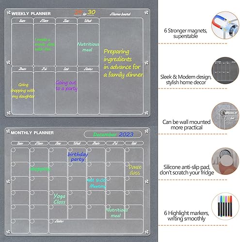 Miniatura 2 de Calendario acrílico magnético para nevera, 2 unidades, calendario acrílico transparente, tablas de planificación reutilizables de borrado en seco,