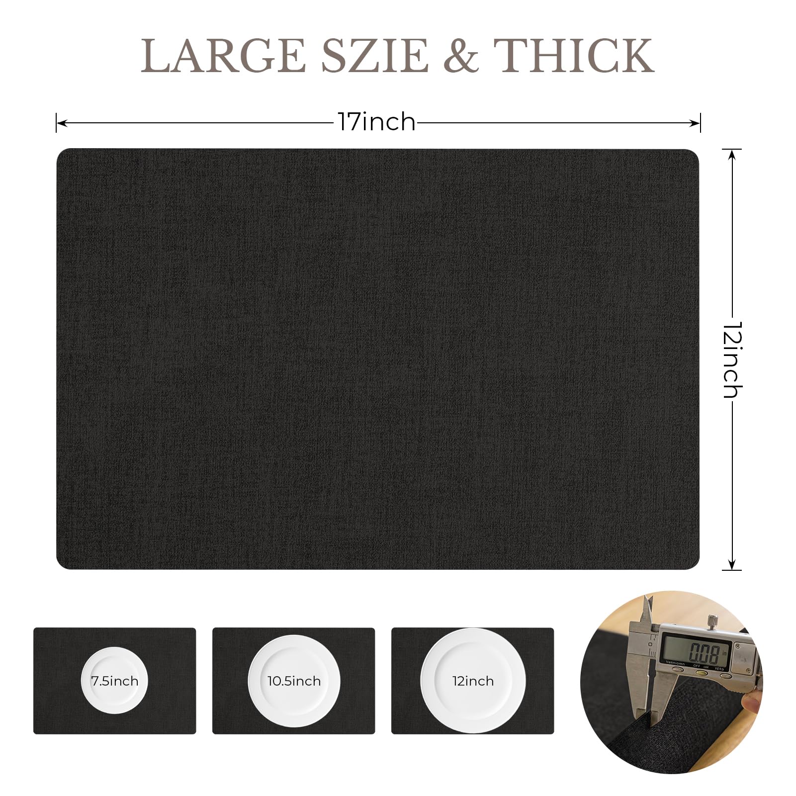 Romanstile Vinyl Placemats Set of 6-12 X 18 inch - Heat Resistant Place Mats 100% Waterproof Oilproof Wipeable Reversible Faux Leather Table Mats for Kitchen/Dining/Party/Holiday, Black