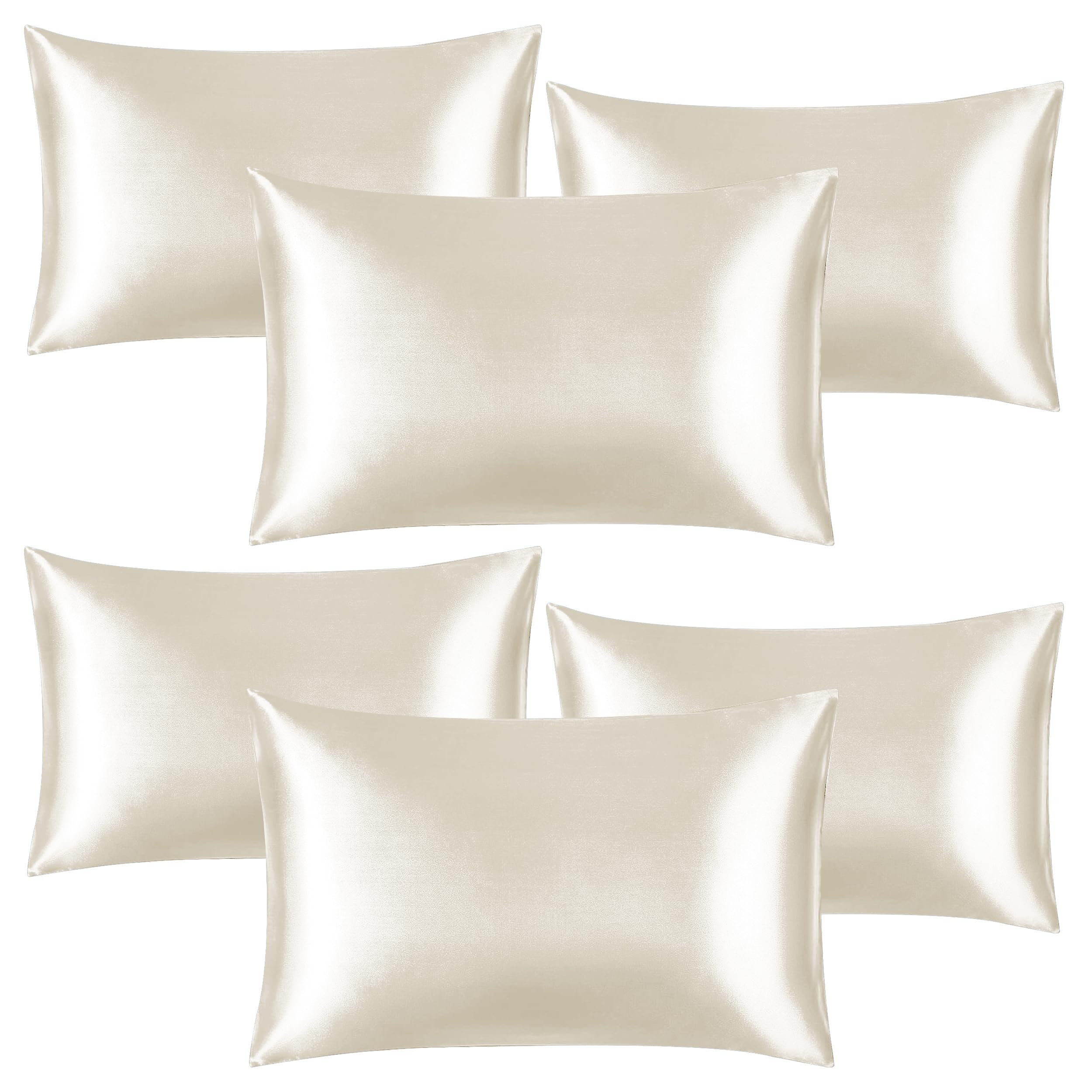 Yorkshire Bedding Ivory Pillow Cases 6 Pack- Luxury Satin Pillowcases with Envelope Closure, Soft as Silk Pillowcase for Hair and Skin Standard Size Hypoallergenic Pillow Covers (50x75cm)