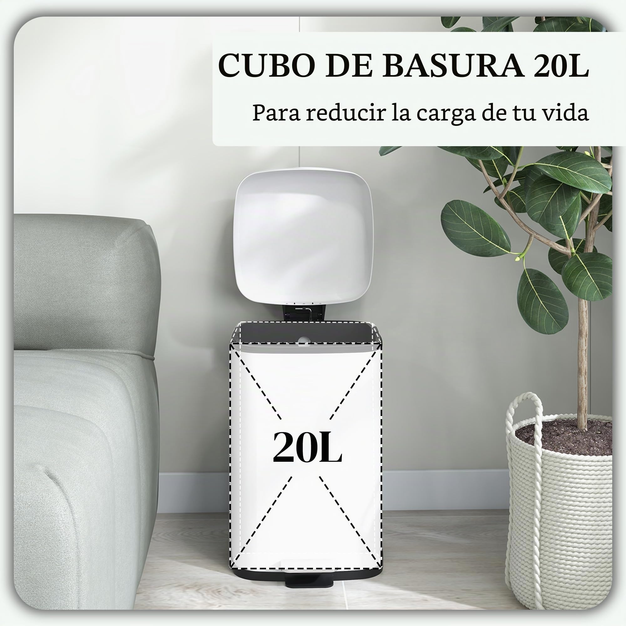 HOMCOM Cubo de basura cocina 20L Pedal 28x35x45cm Blanco | Acero inoxidable, cierre suave, compacto, cubo interior extraíble