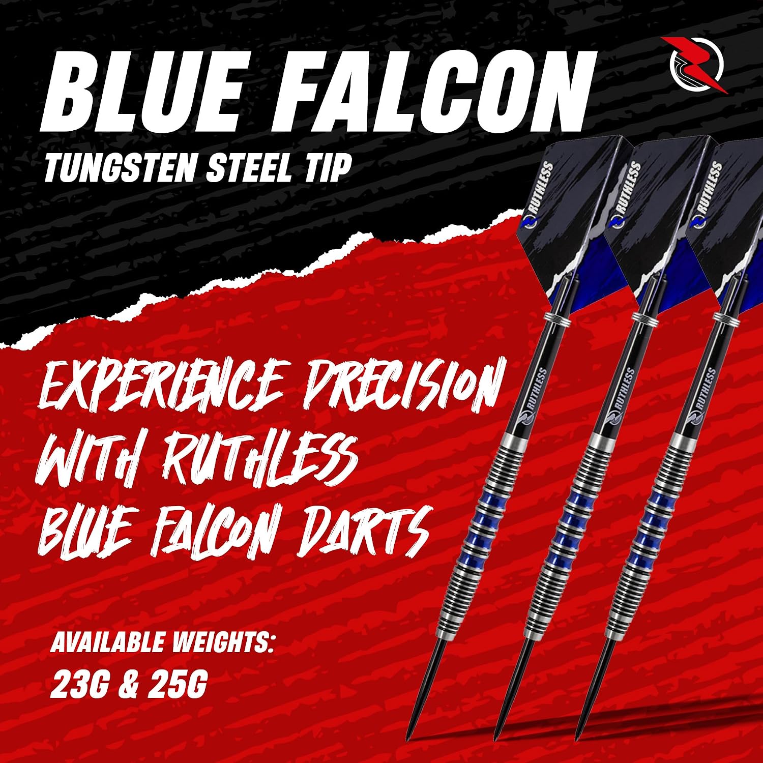 RUTHLESS Red Falcon Professional Tungsten Steeltip Darts Set in 22g and 24g, with Flights and Stems Shafts
