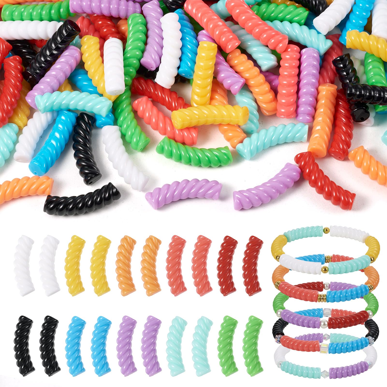 Spritewelry 100Pcs Twist Curved Tube Opaque Acrylic Beads Curved Bamboo Spacer Chunky Noodle Beads for DIY Bracelet Jewelry Making — image 1