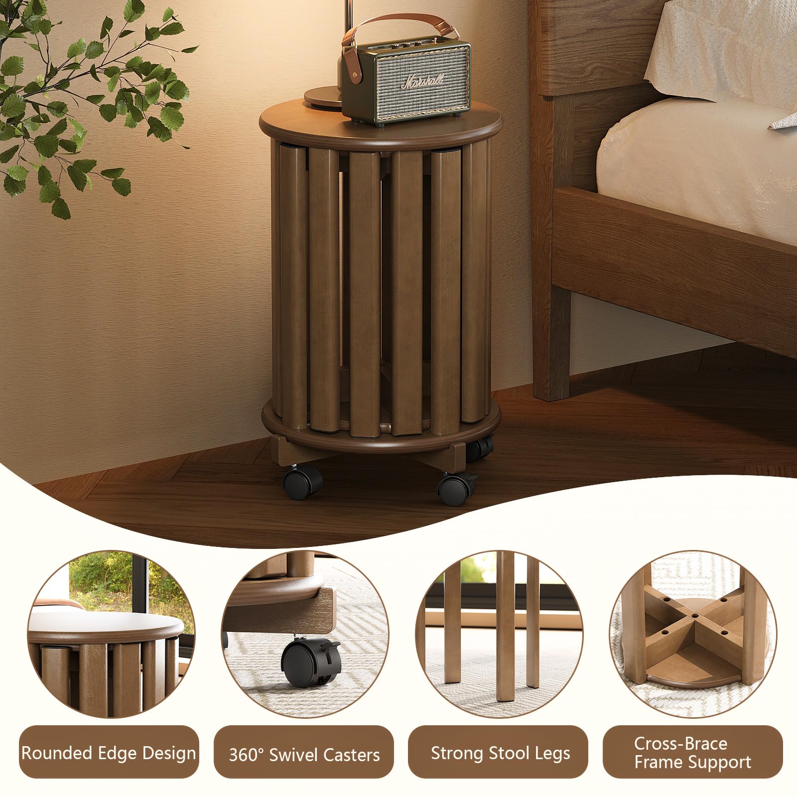 Sgabello impilabile in bambù con ruote, set 4-in-1, sgabello, tavolino e sedia, altezza 46 cm, per sala da pranzo, senza montaggio, per cucina, soggiorno, camera da letto, noce