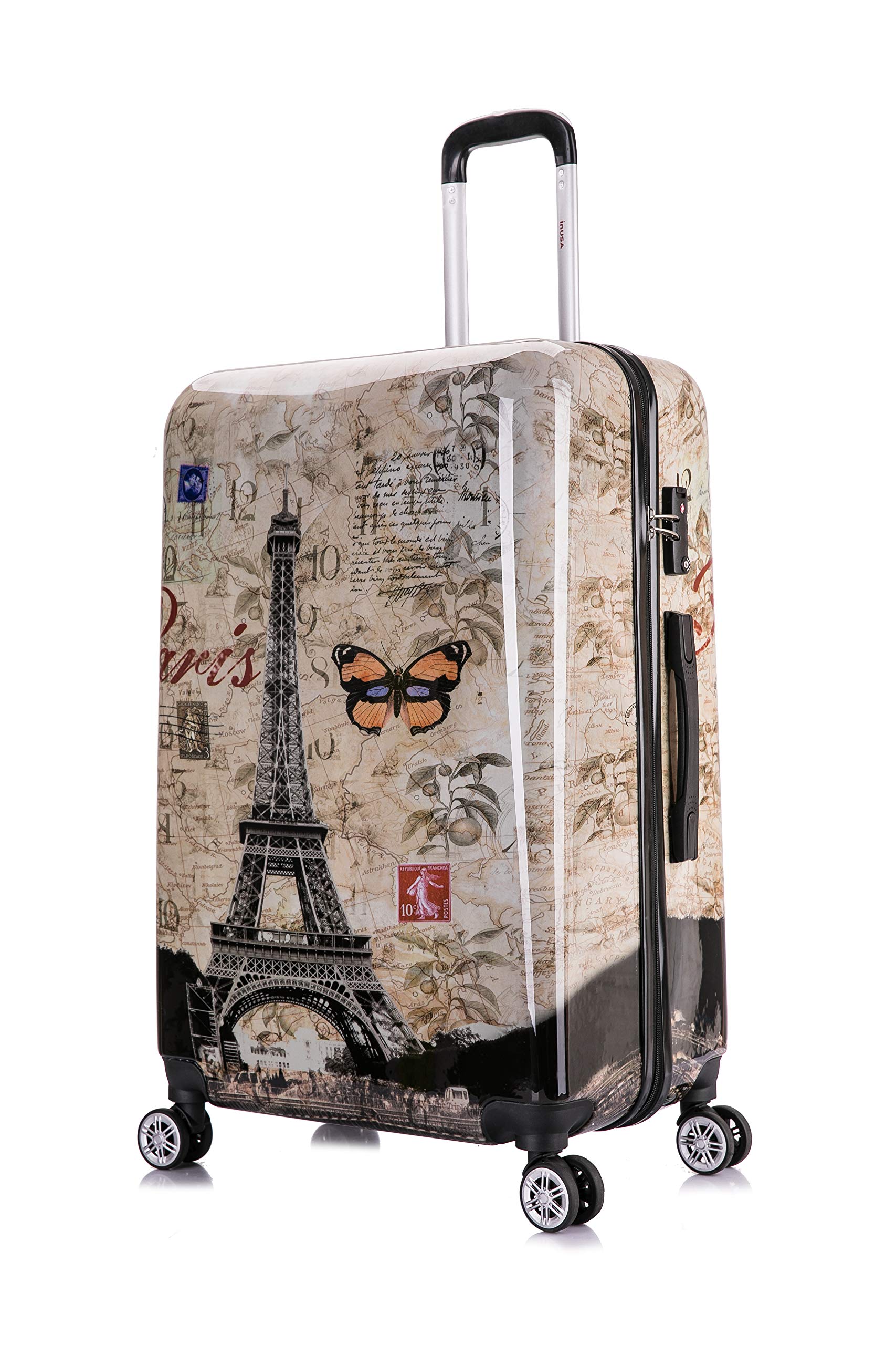 inusa paris print luggage with spinner wheels | durable lightweight hardside suitcase | travel bag with handle and trolley | 28-inch large checked luggage