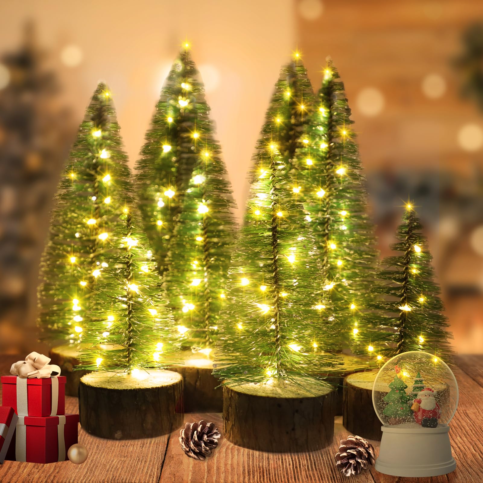 8 mini árboles de Navidad, 2 modos, árboles artificiales con temporizador, cadena de luces LED, pinos pequeños con base de madera para decoración del hogar (blanco cálido)